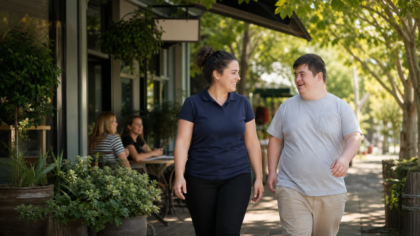 Participant walking in the community with support